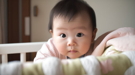 Cute asian baby girl in the crib looking at camera.の素材