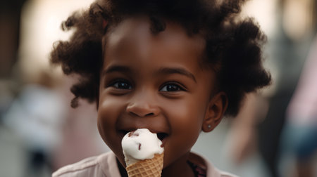 Little african american girl eating ice cream in the street.の素材