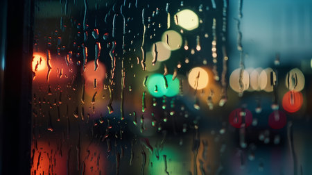 rain drops on window glass with bokeh lights at night backgroundの素材