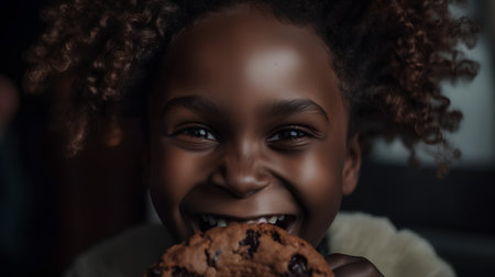 Closeup portrait of a cute african american little girl eating chocolate muffinの素材