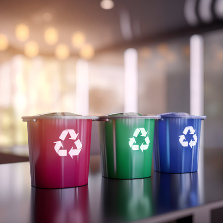 Three recycle bins on the table in the office. 3d renderingの素材