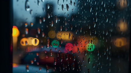rain drops on car glass with night city lights bokeh backgroundの素材