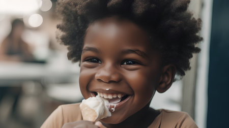 Closeup portrait of adorable african american little girl eating ice creamの素材