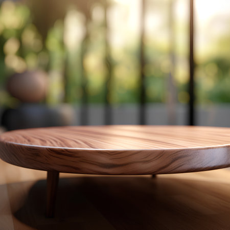 Empty wooden table and chair in coffee shop blur background with bokeh image.の素材