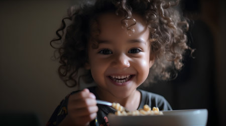 Little girl eating cornflakes with a spoon in a dark roomの素材