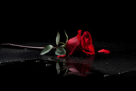 Red rose on a black background with water drops. Studio shot.の素材