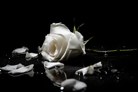 White rose with water drops on a black background. Copy space.の素材
