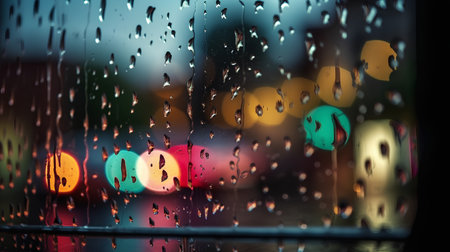 rain drops on glass with street light bokeh background, shallow DOFの素材