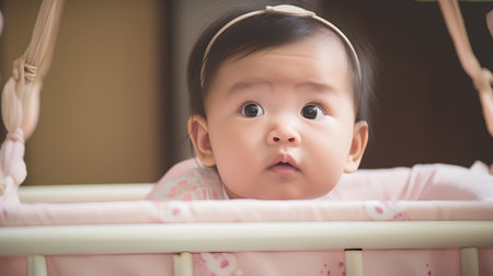 Cute asian baby girl looking at camera in her crib.の素材