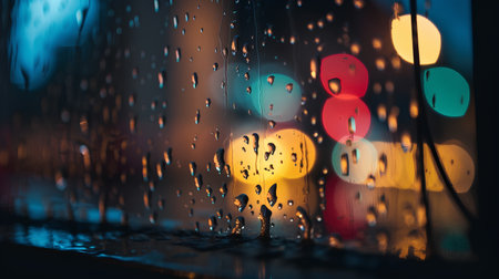 Raindrops on the window at night. Blurred background with bokehの素材