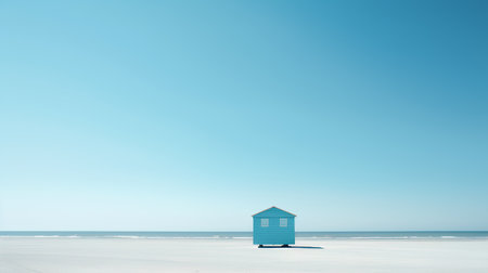Beach hut on the beach in winter with blue sky background.の素材