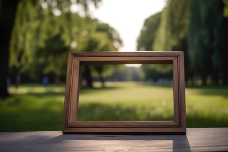 wooden frame on a table in the park, bokehの素材
