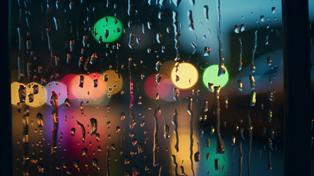 rain drops on window with colorful bokeh lights, abstract backgroundの素材