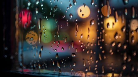 Rain drops on the window with city lights bokeh background.の素材
