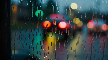 raindrops on the glass with blurred background of the city at nightの素材