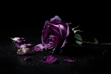 Beautiful purple rose on a black background with drops of water.の素材