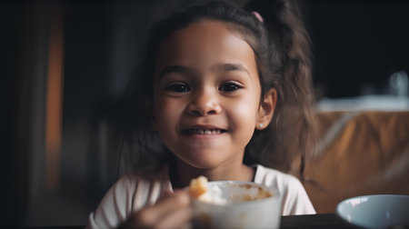 Cute little girl eating ice cream in a cafe, selective focusの素材