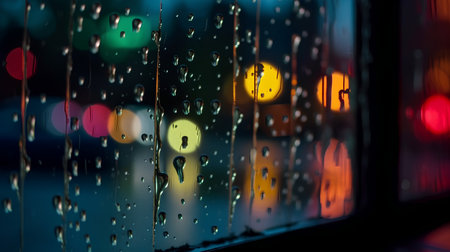 rain drops on the window with bokeh background and city lightsの素材