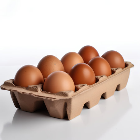 Eggs in a carton box on a white background.の素材