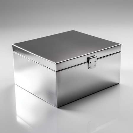 Silver chest on a white background. 3d rendering. Image with reflection.の素材