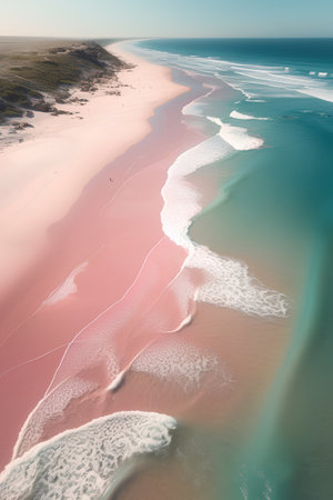 Aerial view of pink sand beach with turquoise water and white sand.の素材