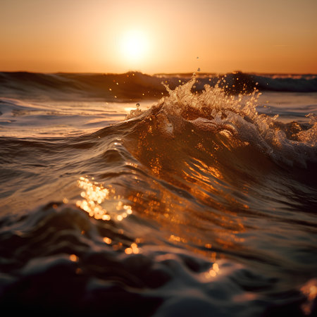 Beautiful sunset in the sea with waves and splashes of waterの素材