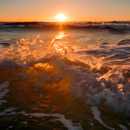 Beautiful sunset on the beach with waves and splashes of waterの素材