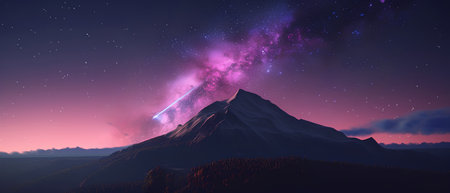 Fantasy alien planet. Mountain and starry sky. 3D illustrationの素材