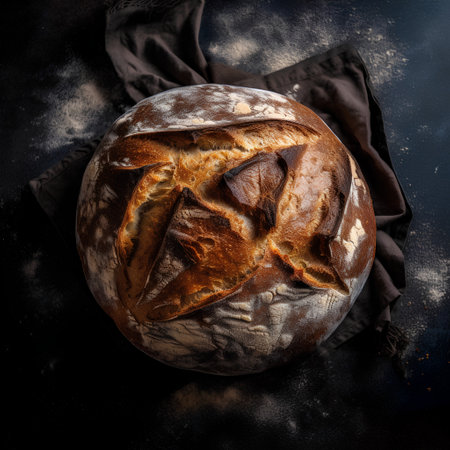 Freshly baked sourdough bread on a dark rustic backgroundの素材