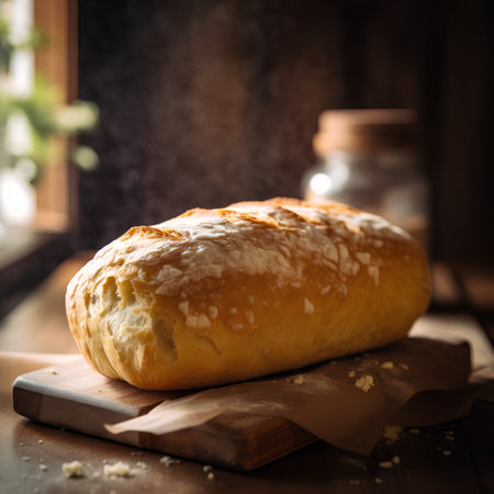 Homemade ciabatta bread on a cutting board. Selective focus.の素材