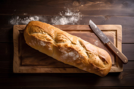 Fresh loaf of bread on a cutting board with a knife on a wooden backgroundの素材