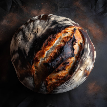 Freshly baked rustic bread on a dark background, top viewの素材