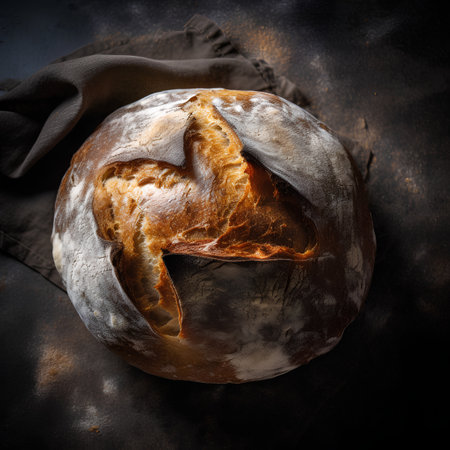 Freshly baked bread on dark rustic background. Toned.の素材