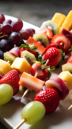Fruit skewers on a white plate on a wooden background.の素材