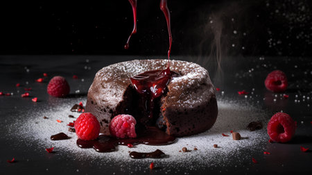 Chocolate pudding with raspberries and powdered sugar on black backgroundの素材