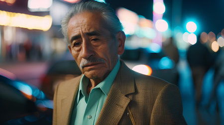 Portrait of a senior man on the street in the evening.の素材