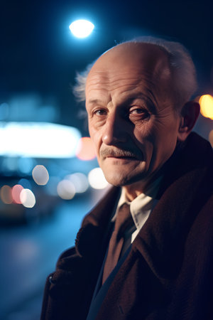 Portrait of an elderly man in a city street at night.の素材