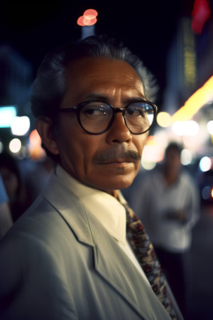 Portrait of an Indian man in the street at night, Shanghai, Chinaの素材