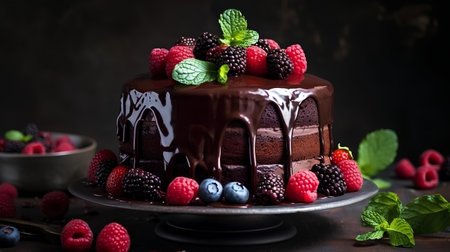 Chocolate cake with fresh berries and mint on dark background, selective focusの素材