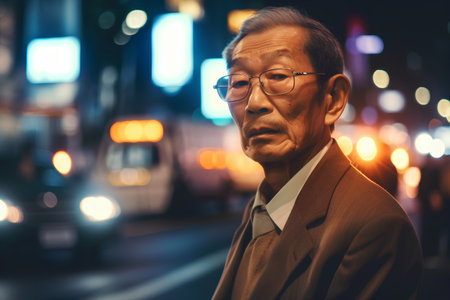 Portrait of an asian senior man in the city at night