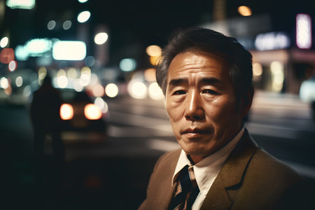Portrait of a mature Asian businessman standing in the city at nightの素材