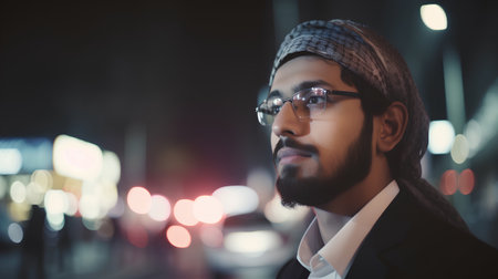 Portrait of a handsome young African man in the city at nightの素材