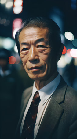 Portrait of a senior Asian businessman standing in the street at nightの素材