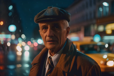 Elderly man walking in the city at night, blurred backgroundの素材