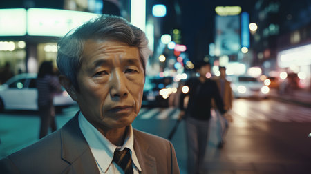 Portrait of an asian senior businessman in the city at nightの素材
