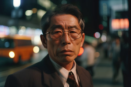 Portrait of Asian businessman in the city at night, looking at camera.