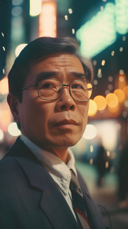 Portrait of a middle-aged Asian businessman in the city at nightの素材