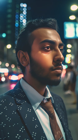 Portrait of a young indian businessman in the city at nightの素材