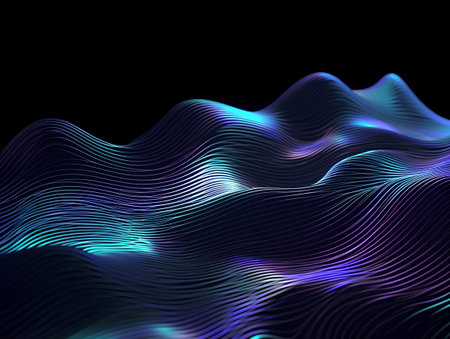 abstract blue waves on a black background, 3d render illustrationの素材