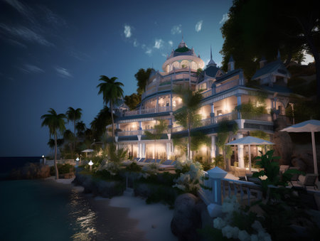 Beautiful villa on a tropical island at night. 3d renderの素材